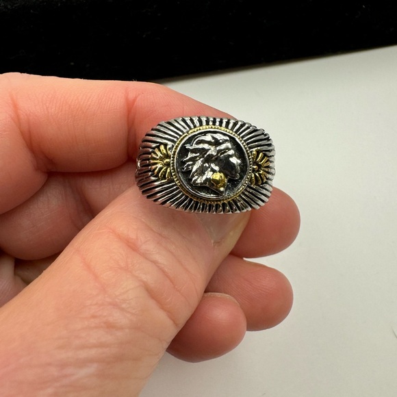 New Two Toned 925 Stamped Silver -Gold Color Native American Head Design Ring - Picture 12 of 16